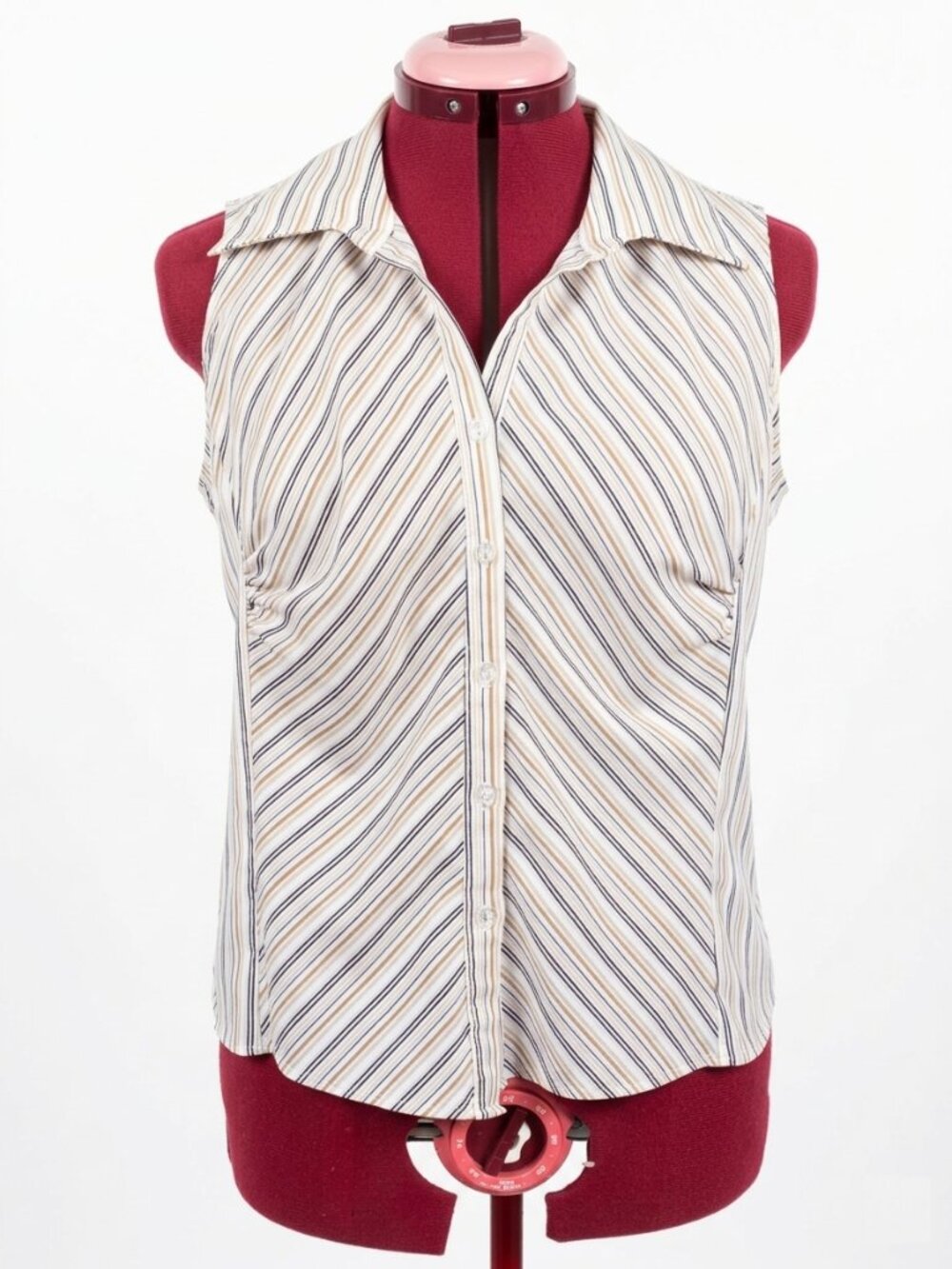 LAURA PETITES - White and Navy BlouseStriped Sleeveless Button-Front Top - Large